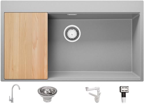 Spülbecken Grau 88x50 cm, Granitspüle 1 Becken + Ablauf-Set + Küchenarmatur, Küchenspüle ab 90er Unterschrank, Einbauspüle von Primagran