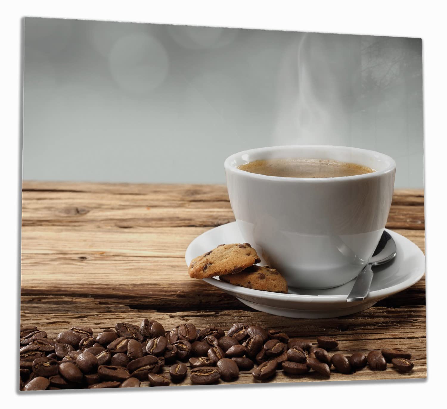 Wallario Herdabdeckplatte/Spritzschutz aus Glas, 1-teilig, 60x52cm, für Ceran- und Induktionsherde, Heiße Tasse Kaffee mit Kaffeebohnen