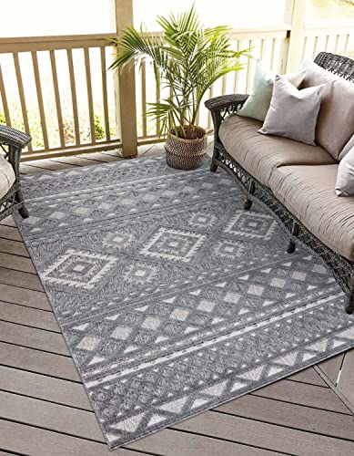 carpet city In-& Outdoor Teppich - 160x230 cm - für Innen-& Außenbereich - Wetterfest Balkon-Teppich, Terrasse, Flur, Küche - Wohnzimmer-Teppiche - Hochtief/ 3D-Effekt - Ethno-Look in Anthrazit