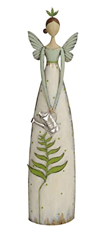 große dekorative nostalgische Dekofigur Elfe mit silberfarbiger Gießkanne und grünem Farn Metall weiß-grün von Hand bemalt