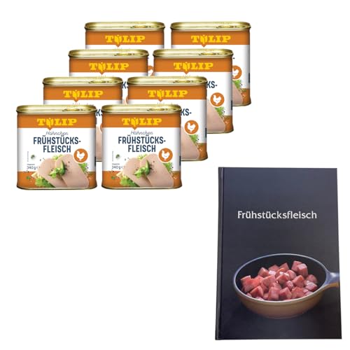 TULIP 8x Hähnchen-Frühstücksfleisch 340g + Kochbuch | Geflügel-Frühstücksfleisch in der Dose und ein passendes gebundenes Kochbuch mit 57 Rezepten | 80% Hühnerfleisch