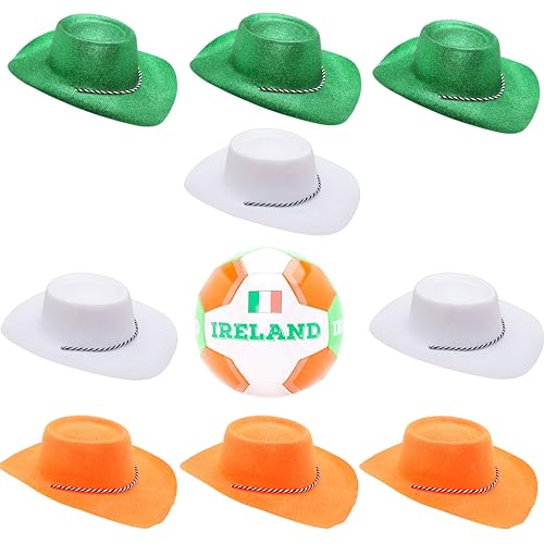 Toyland® Irland-Themen-Fußballpaket–1 x Fußball(3,6 kg/Größe 5) und 9 glitzernde Cowboyhüte–3 grün,3 weiß & 3 orange(34 cm/13 Zoll)–perfekt für Euros,Weltmeisterschaft und Festival