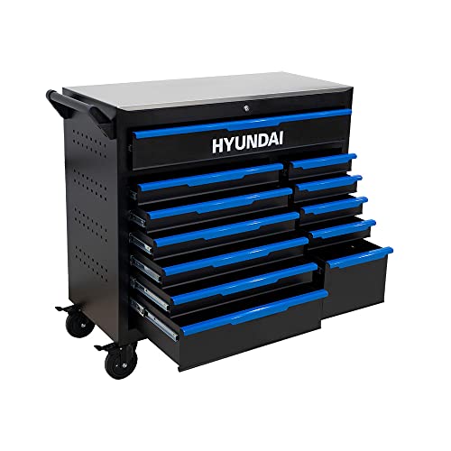 Hyundai Werkstattwagen Set 59008 (287-teilig, hochwertiger Werkzeugwagen,12 Schubladen, 8 Schubladen bestückt, Separate Ablage, Montagewagen gefüllt mit Profiwerkzeug)