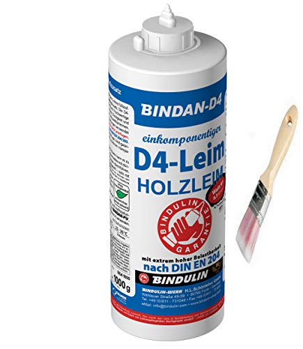 Holzleim Kunstharzleim BINDAN-D4 (1-Komponenten-D4-Leim) 1000 g Flasche inkl. Leimpsachtel und Pinsel von E-Com24 (BINDAN-D4 1000 ml)