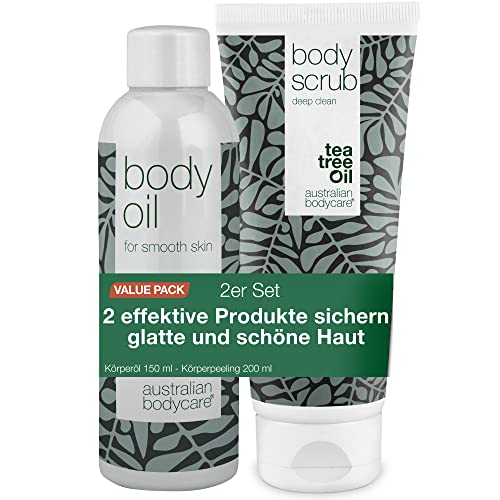 2 Produkte zur Verbesserung des Aussehens von Cellulite: Body Scrub 200 ml mit 100% natürlichem Teebaumöl und Body Oil 150 ml, das die Sichtbarkeit von Cellulite reduziert | Dermatologisch getestet