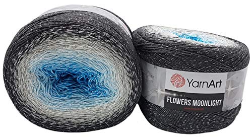 YarnArt Flowers 520 Gramm Bobbel Wolle mit Glitzer und Farbverlauf, 53% Baumwolle, Bobble Strickwolle Mehrfarbig (grau weiss türkis 3251)