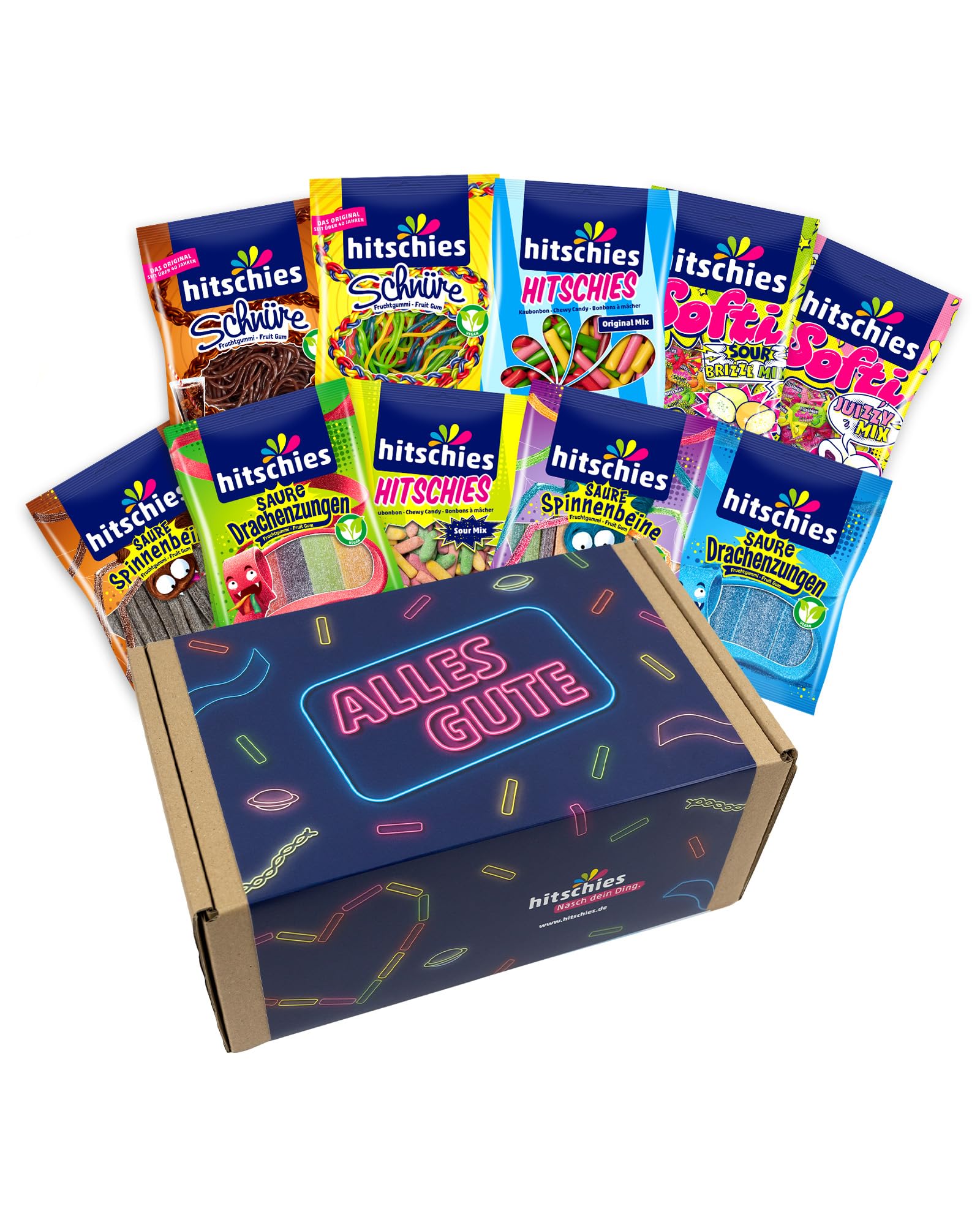 hitschies Geschenkbox Alles Gute - Süßigkeiten Box mit 10 hitschies - Fruchtig-leckeres Naschvergnügen - Fertig verpackt - Boxmaße: 31x18x13 cm
