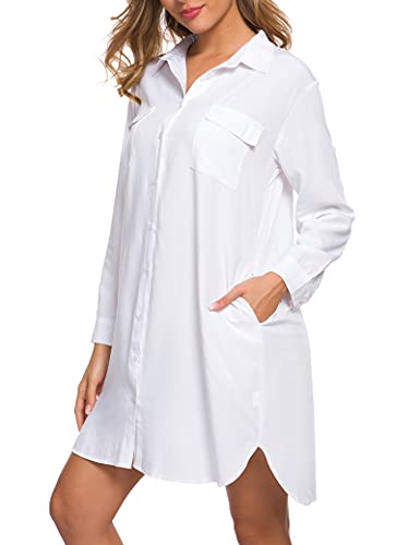 Amazon Brand - Find. Lässiges Damen-Blusenkleid mit V-Ausschnitt und Langarm, lose Hemdbluse mit Taschen, Weiß, Size XXL