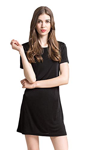 UK_Stone Damen 100% Seide Nachthemd Unifarbe Kurze Ärmel Nachtkleid Schwarz