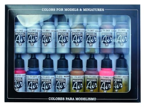 Vallejo Model Air Set: 16 Metallic Colors 17ml Bottles | Acrylic for Airbrush