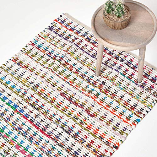 Homescapes Teppich/Bettvorleger, handgewebt aus 100% Baumwolle, 90 x 150 cm, Flickenteppich mit geometrischem Dreiecksmuster, bunt