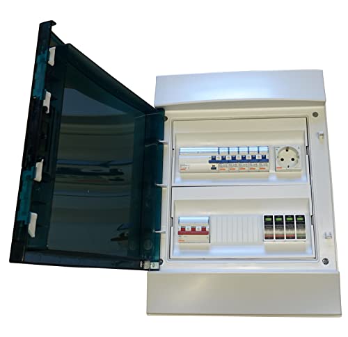 Sicherungskasten Feuchtraum IP65 Aufputz 2-reihig Stromverteiler verdrahtet mit Hauptschalter, FI-Schutzschalter, Sicherungen, Servicesteckdose und Überspannungsableiter