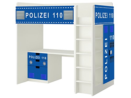 Polizei Aufkleber - SH10 - passend für die Kinderzimmer Hochbett-Kombination STUVA von IKEA - Bestehend aus Hochbett, Kommode (3 Fächer), Kleiderschrank und Schreibtisch - Möbel Nicht Inklusive | STIKKIPIX