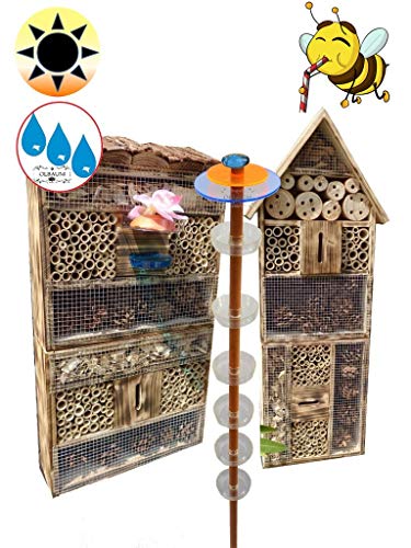 Gartendeko-Stecker als funktionale Bienentränke + 2X Lotus BIENENHAUS Insektenhaus,XXL Bienenstock & Bienenfutterstation für Wildbienen, Hummeln Schmetterlinge Nistkasten GEFLAMMT geflammt