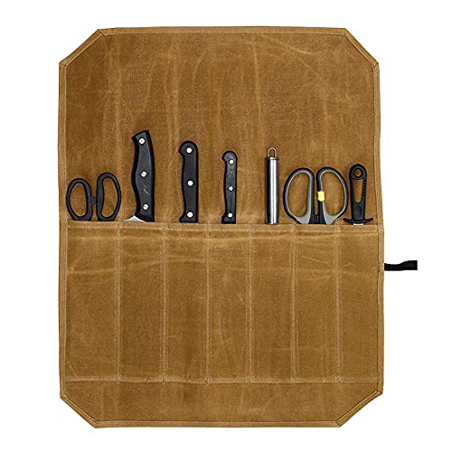 Aufbewahrungstasche für Messer und Rollen, gewachstes Segeltuch für Kochmesser, Kochmesser und Utensilien, Wickeltasche, 7 Taschen, tragbare Schutztasche für Küchenutensilien (Khaki)