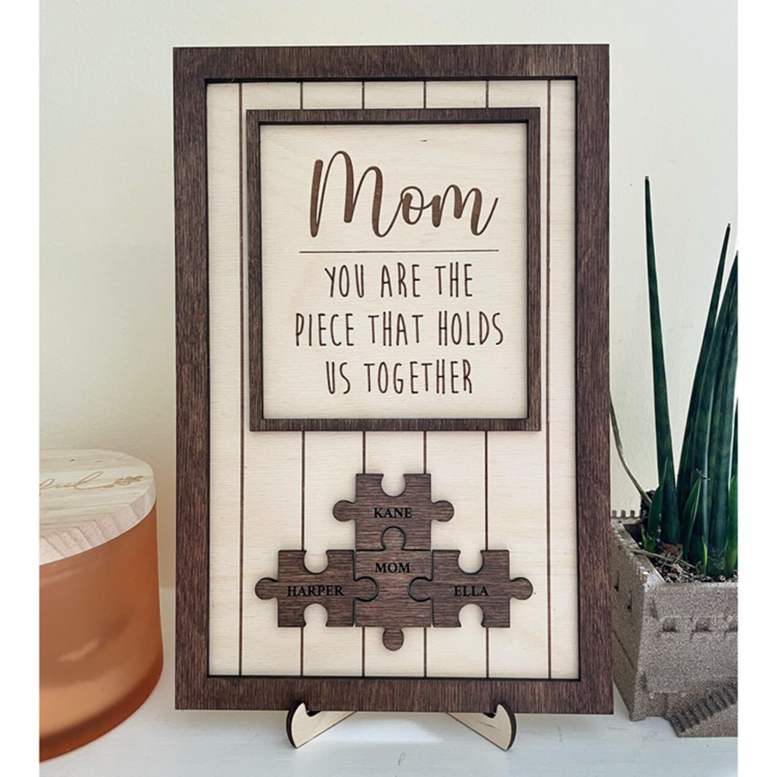 Holzpuzzle-Schild zum Muttertag, personalisiertes Geschenk für Mutter, Mutter, Sie sind das Stück, das uns zusammenhält, Mutter-Puzzleteil, Geburtstagsgeschenk für Mutter, Oma (Braun, 18 x 28 cm)