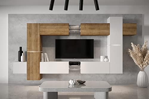 Furnitech AN91 New Modernes Wohnzimmer Wohnwand Wohnschrank Schrankwand Mediawand Möbel MATT (LED weiß, AN91NEW-21DZW-M15)