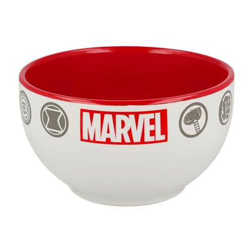 Elbenwald Marvel Müslischale - Bowl mit Icons Spider-Man Iron Man Hulk Thor Captain America Motiv - 600 ml - 8 cm Höhe - Ø 13 cm - Keramik - Weiß Rot