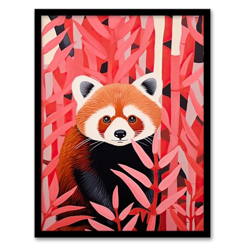 Red Panda in Pink Bamboo Forest Oil Painting Artwork Framed Wall Art Print A4