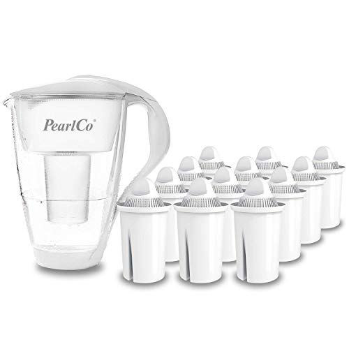 PearlCo - Glas-Wasserfilter (weiß) mit 12 classic Filterkartuschen - passt zu Brita Classic