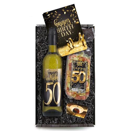 Geschenkbox Happy Birthday 50 - Set mit Weisswein und Geburtstagskarte