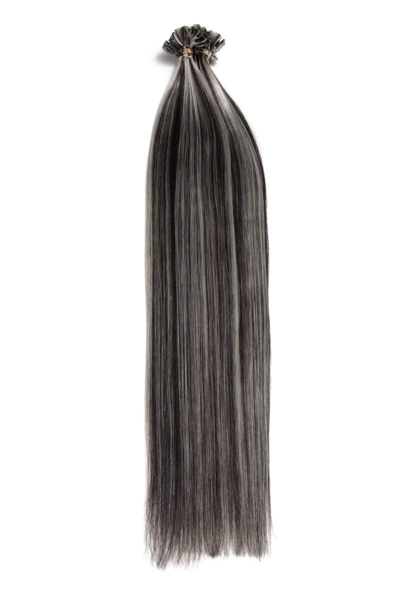 Naturschwarz/Grau Gesträhnte Bonding Extensions aus 100% Remy Echthaar - 25x 1g 60cm Gesträhnte Strähnen U-Tip als Haarverlängerung und Haarverdichtung in der Farbe #1b/Naturschwarz/Grau