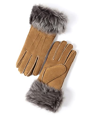 YISEVEN Damen Shearling Lederhandschuhe Geschenke mit Gefüttert Winter Lammfell Leder Autofahrer Handschuh, Kamel-B1 S