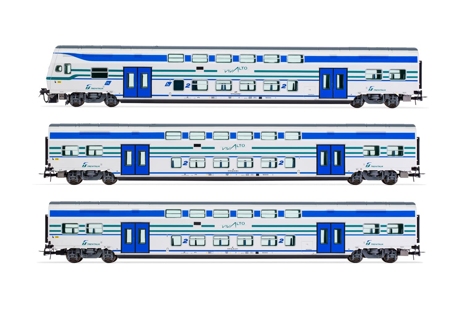 FS Trenitalia Vivalto-Passagierwagen, 3 Stück, 1 x Steuerwagen mit Führerstand, 2 x Zwischenwagen, in Vivalto-Lackierung