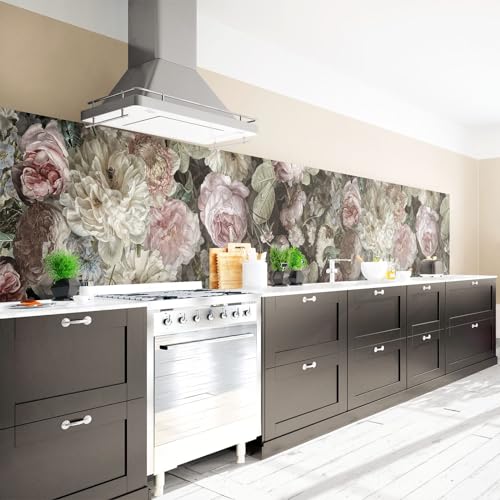 Arcondo Küchenrückwand Spritzschutz Selbstklebend mit Motiv Barocker Zarte Blüten im Mondschein Folie Premium Glanz 100 x 70 cm