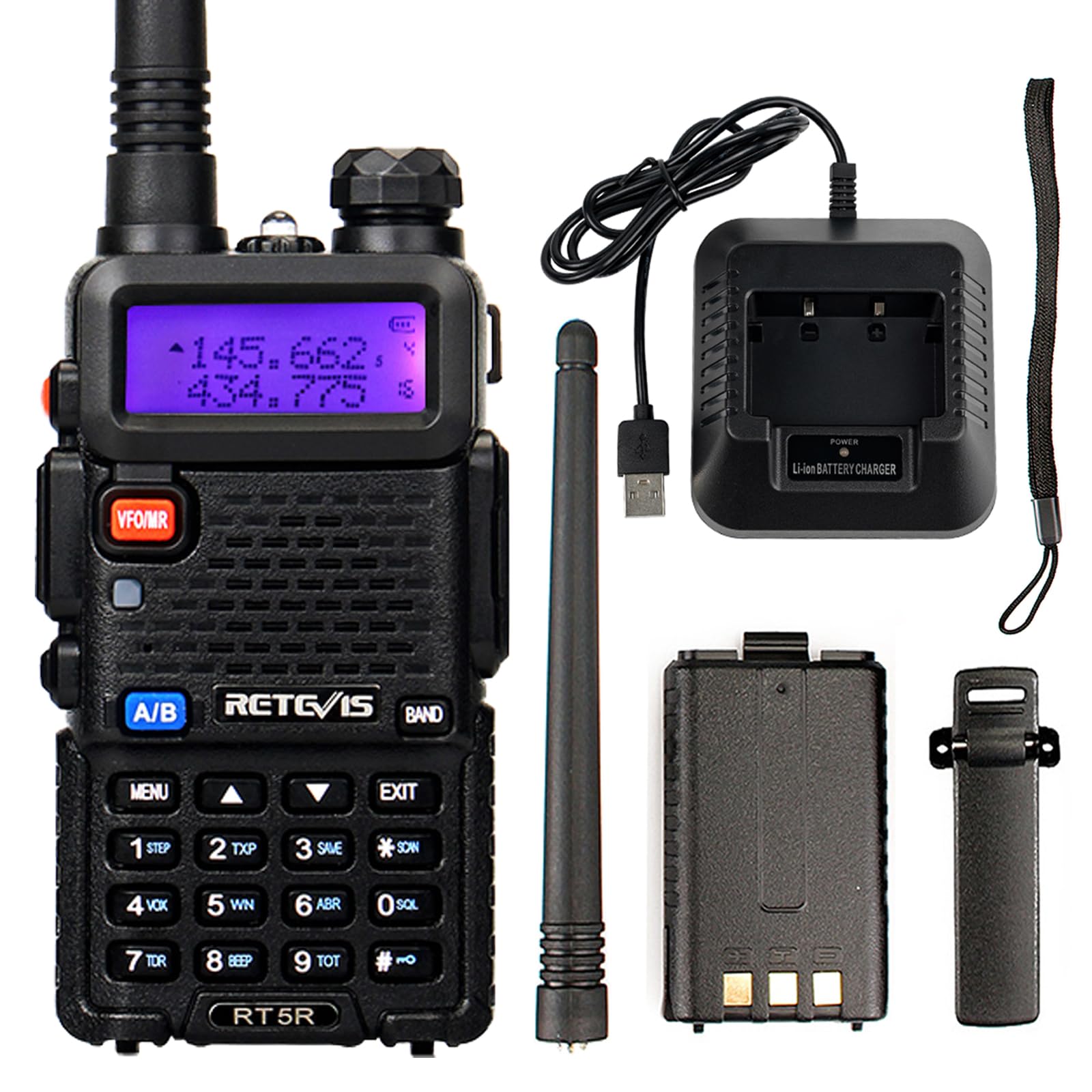 Retevis RT5R Walkie Talkie Dualband, Handheld-Transceiver mit FM-Radio, 128 Kanäle Wiederaufladbarer Walkie Talkie, Tragbar 2-Wege-Radio für die Jagd, Radio Amateur (Schwarz, 1 Stück)