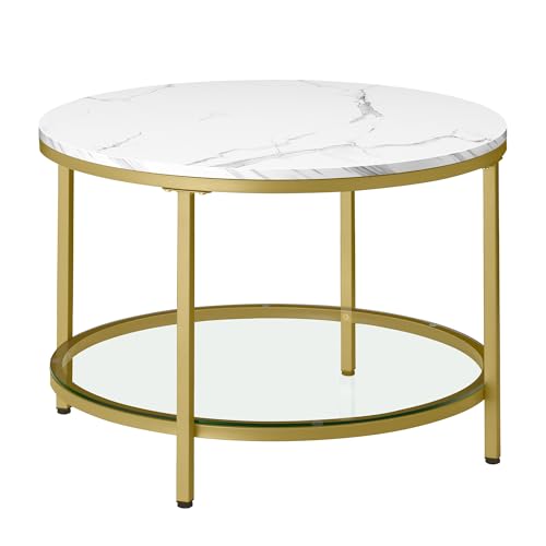 VASAGLE Couchtisch, Wohnzimmertisch, Sofatisch, für Wohnzimmer, mit Glasplatte, viel Stauraum, einfacher Aufbau, moderner Stil, marmorweiß-helles Gold LCT072W59