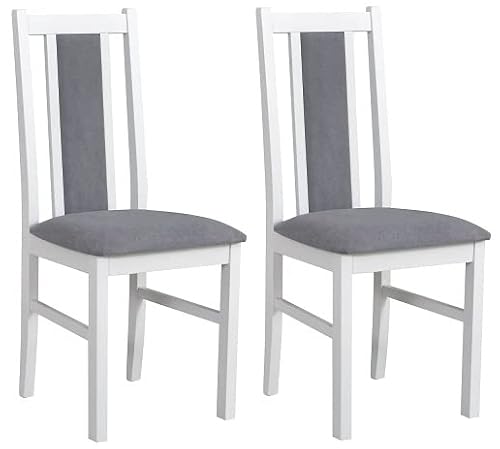 GREKPOL - Set 2 aus Esszimmerstühlen Sitz und Rückenlehne gepolsterter Stoff Velurs Stuhlen Polsterstuhl mit hoher Rückenlehne -BOS 14 (Weiß+Stoff Grau 1X , 2-Er Set)