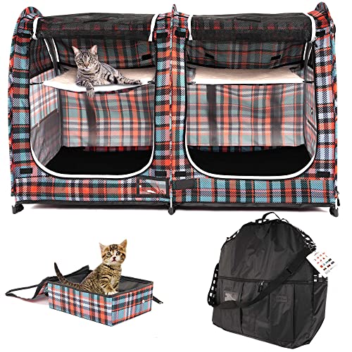 Mispace Katzenkäfig mit zwei Fächern, einfach zu falten und zu transportieren, bequeme Reisebox für Welpen und Hunde, mit Tragetasche, zwei HängemattenMatten und faltbarer Katzentoilette