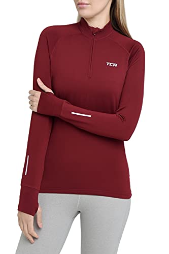 TCA Winter Run Damen Thermo Laufshirt mit kurzem Reißverschluss - Funktionsshirt Langarm - Cabernet (Dunkelrot), XS