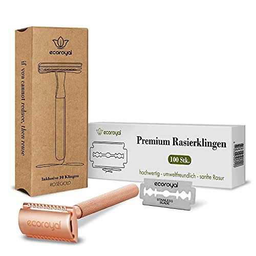 EcoRoyal Rasierhobel Roségold + 100 Rasierklingen | Nassrasierer | Rasierhobel Set für Frauen | Metall Rasierer Damen| Double Edge Razor (Rosegold)