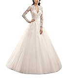 Brautkleider Lang Prinzessin Damen Hochzeitskleider Vintage Spitze Kleid mit Lange Ärmel A-Linie Elfenbein EUR54