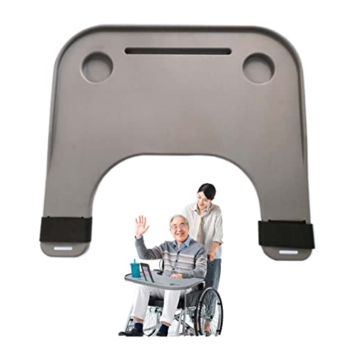 Bueuwe Rollstuhl-Tabletttisch mit Getränkehalter und Handyhalter, leicht abnehmbar zum Essen, Lesen, Ausruhen, passend für 16-20-Zoll-Rollstuhlarm,Grau