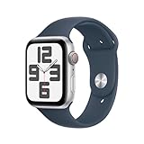 Apple Watch SE (2. Generation, 2023) (GPS + Cellular 44 mm) Smartwatch mit Aluminiumgehäuse in Silber und Sportarmband M/L in Sturmblau. Fitness- und Schlaftracker, Unfallerkennung, Herzfrequenzmesser