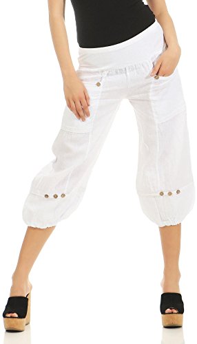 Malito Damen Hose aus Leinen | Stoffhose in Uni Farben | Freizeithose für den Strand | Chino - Capri Hose 1575 (weiß, M)