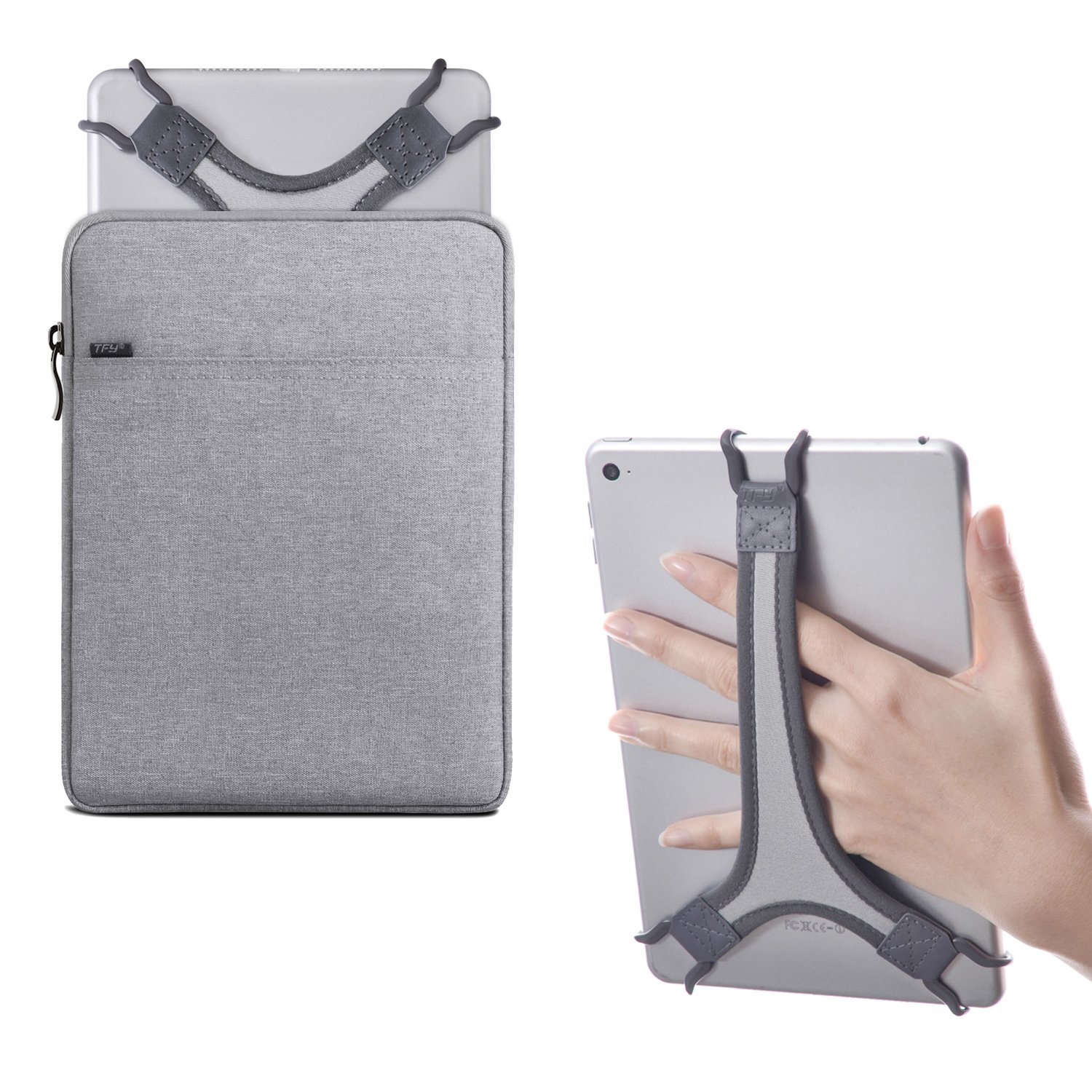 TFY Schutztasche Hülle mit Reißverschluss (Grau), Plus Bonus Handschlaufe Halterung (Weiß) für 7-8 Zoll iPad und Andere Tablets