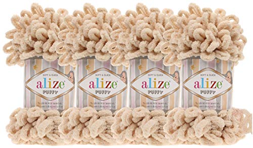 Alize Puffy Baby Big Loop Deckengarn, 100 % Micropolyester, weiches Garn, 400 g, 310 Honig, 4 Stück