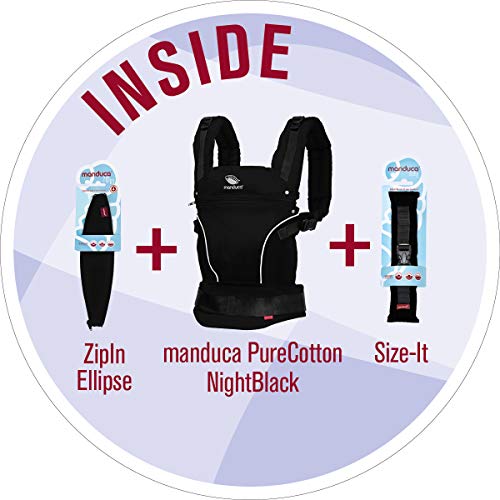 manduca First Bundle > PureCotton NightBlack < (Auslaufmodell) Von Geburt an Paket incl. SizeIt (Stegverkleinerer) & ZipIn Ellipse (für Neugeborene), schwarz