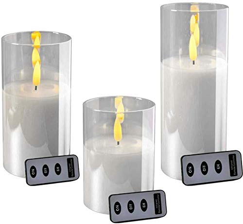 Klocke Dekorationsbedarf Hochwertige LED Kerze im Glas - mit Fernbedienung & Timer - ⌀ 10 cm - Realistische & Flackernde Flamme - Weihnachten Deko (Weiß, 3 Größen im Sparset)