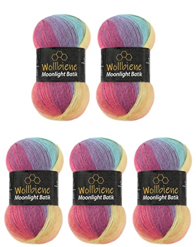 Wollbiene Moonlight Batik 5 x 100g Strickwolle 500 Gramm Wolle zum Stricken und Häkeln 20% Wolle türkische Wolle Farbverlaufswolle Strickwolle (3000 regenbogen pastell)