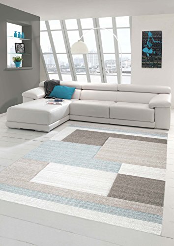 Traum Teppich Designerteppich Moderner Teppich Wohnzimmerteppich Kurzflor Teppich mit Konturenschnitt Karo Muster Pastellfarben Grau Beige Blau, Größe 80x150 cm