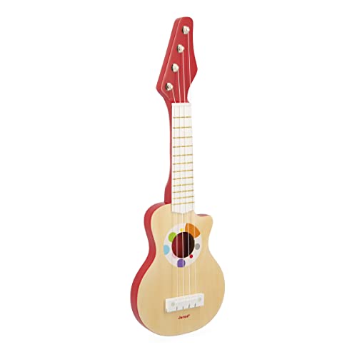 Janod - Rockgitarre aus Holz Konfetti – Spielzeug für Nachahmung und musikalisches Erlebnis, mit 4 Kunststoffsaiten + 4 Ersatzsaiten – ab 3 Jahren, J07644