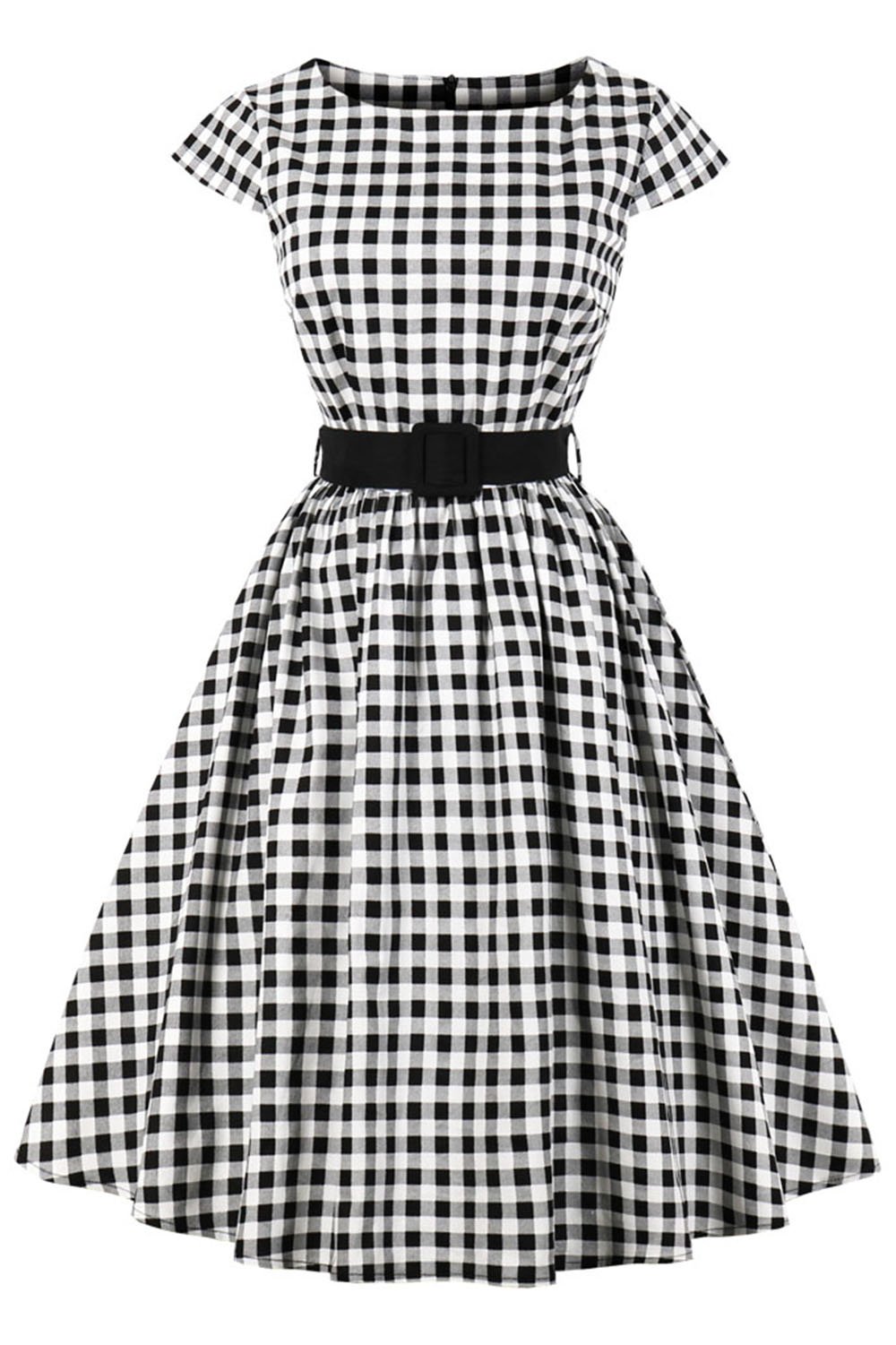 Axoe Damen 50er Jahre Audrey Hepburn Vintage Kleid Rockabilly Cocktail Partykleid Polka Dot- Gr. 3XL (46), Weiß Karierter