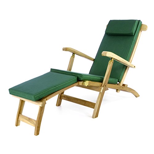 Divero eleganter Deckchair Florentine Liegestuhl Steamer Chair Teakholz unbehandelt inkl. Liegenauflage mit Kopfteil dunkelgrün wasserabweisend