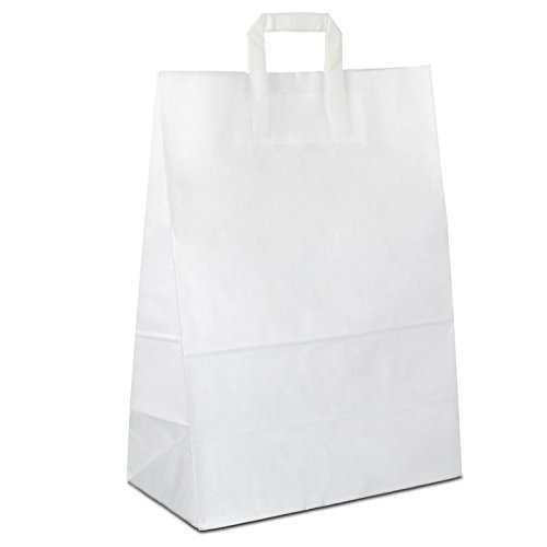 100 x Papiertüten weiß 32+17x44 cm | stabile Papiertragetaschen | Einkaufstüten Flachhenkel | Papierbeutel Mittel | Tüten | HUTNER
