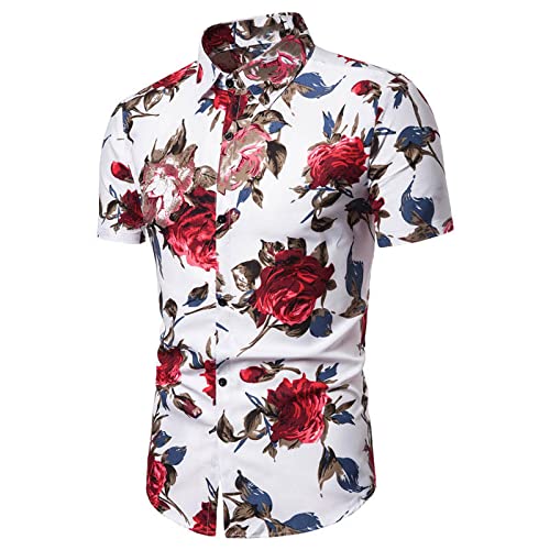 SHOUJIQQ Herren-Hawaii Hemd Aloha Hemden-Sommer-Mode Rose Blumen Druck Lässiges Strand-Kurzarm-Hemd Mit Knöpfen Für Urlaub Outdoor-Kleidung, Weiß, 3X, Groß